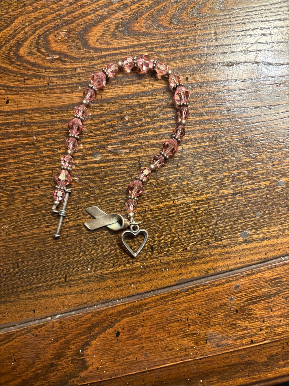 Pink Crystal Bead Bracelet with Heart & Ribbon Charms
